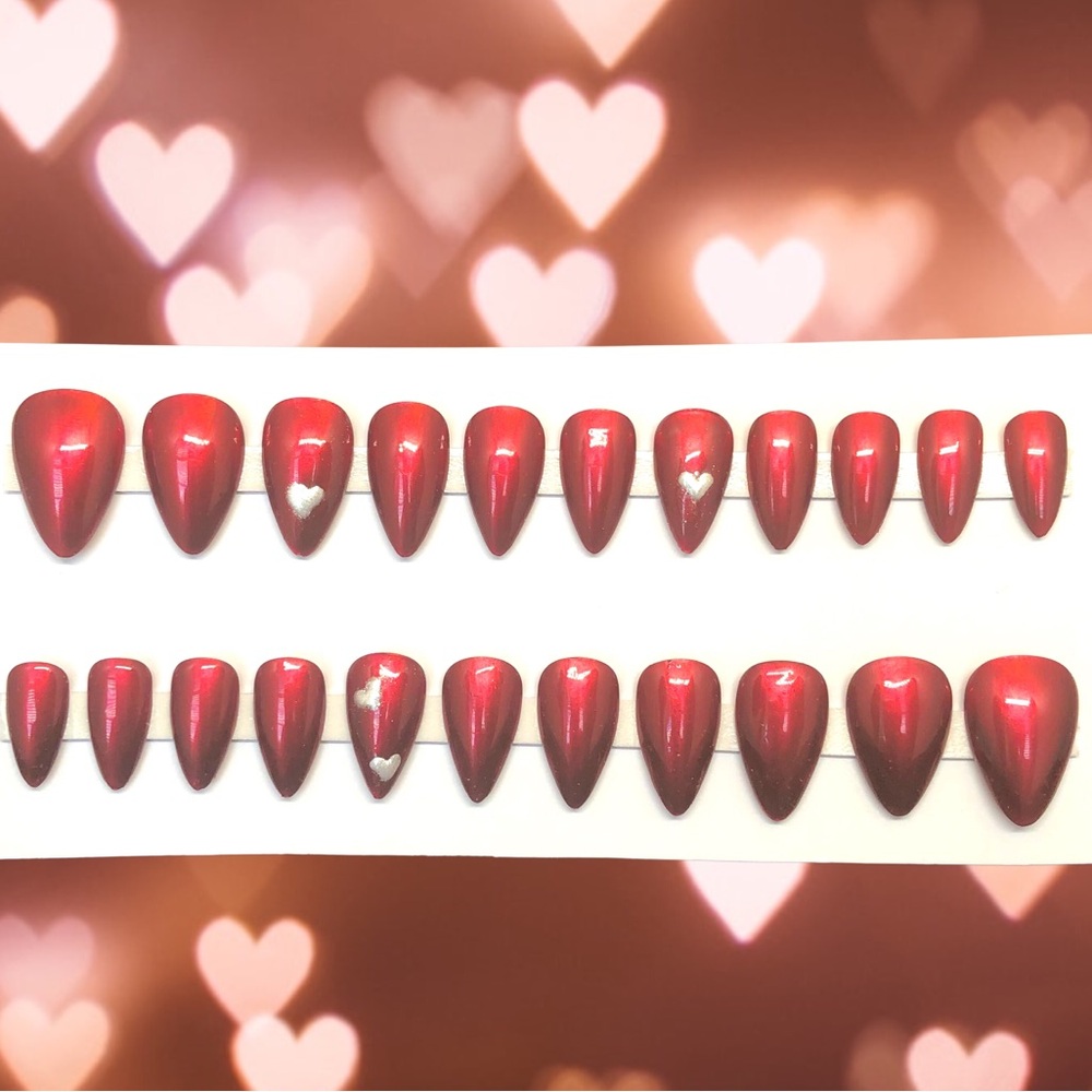 Handmade Press On Nails Short Almond Custom Red Metallic Love Theme